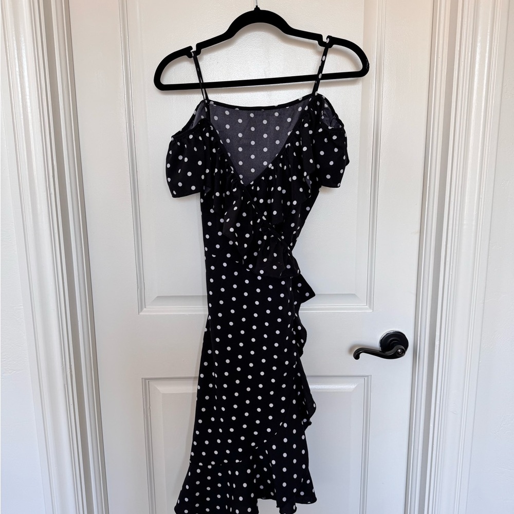 COPY - Polka Dot Ruffle Wrap Dress, Women’s, Size Small Black with White Dots